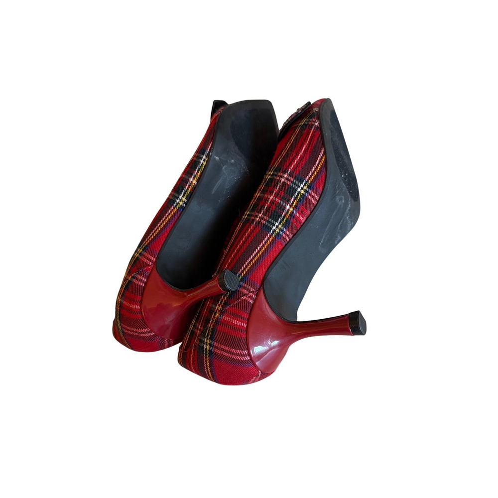 Betsey Johnson Lexie Pumps Red Plaid Rhinestone Bow Kitten Heel Pointed Toe 9M - Picture 4 of 5